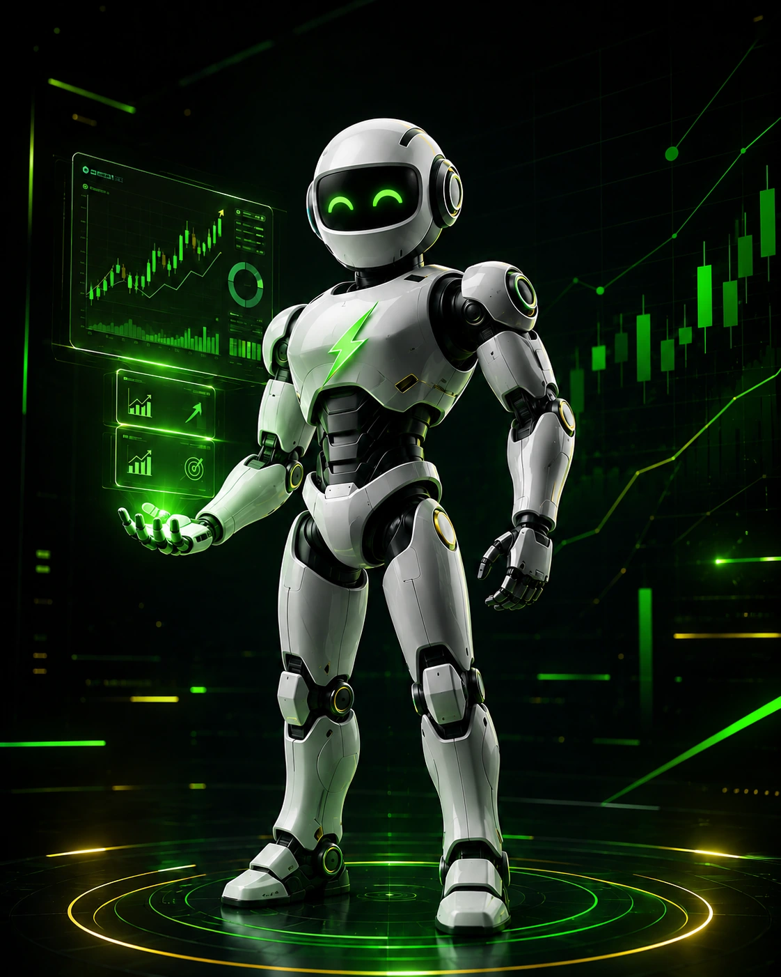 Robô Thunderbolt em pé, branco e prateado, com olhos verdes no visor e gráficos holográficos sobre a mão